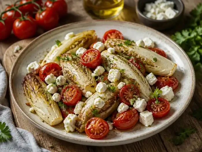 Köstlich: Gebratener chicorée mit tomate und fetakäse verfeinern